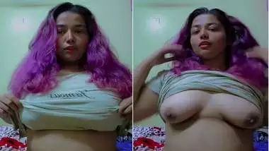 Purple head desi girl holding huge milk tankers
